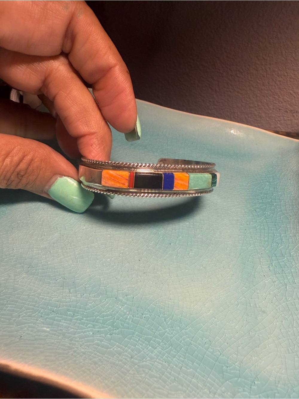 Inlaid Multi-Stone Silver Cuff Bracelet - NA Fannie Platero